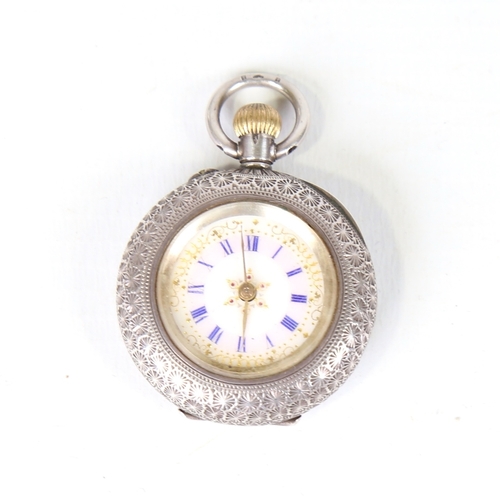 8 - An early 20th century Swiss silver fob watch, gilded white enamel dial with blue Roman numerals and ... 