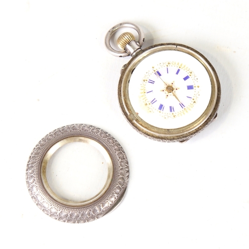 8 - An early 20th century Swiss silver fob watch, gilded white enamel dial with blue Roman numerals and ... 