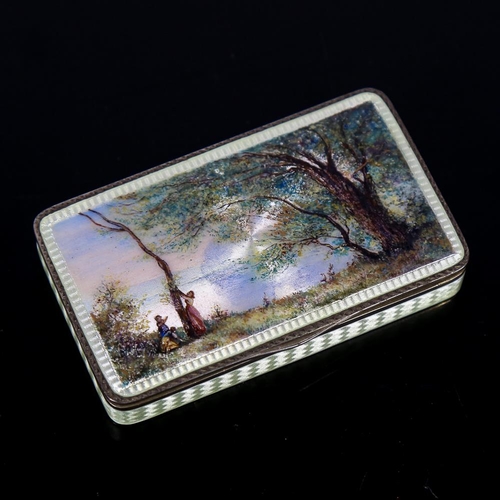 579 - A fine Continental silver and guilloche enamel box, rectangular form with hand painted landscape sce... 