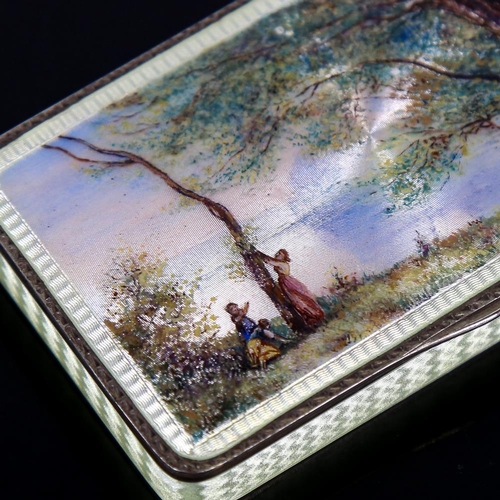 579 - A fine Continental silver and guilloche enamel box, rectangular form with hand painted landscape sce... 