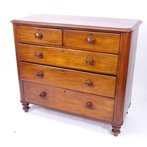 2023 - A Victorian chest of 2 short and 3 long drawers, with rounded corners and turned legs on bun feet, W... 