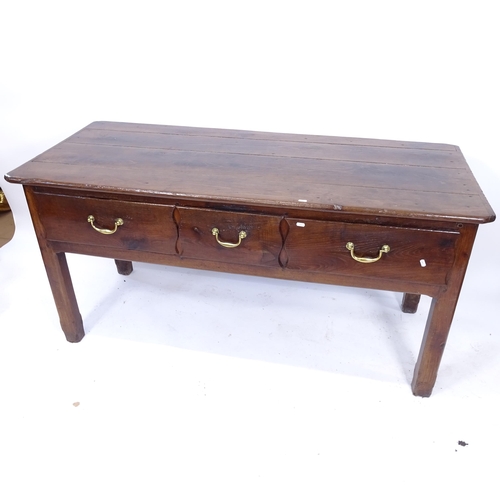 2001 - An elm 18th century plank-top serving table, having 3 frieze drawers, L160cm, H79cm, D70cm