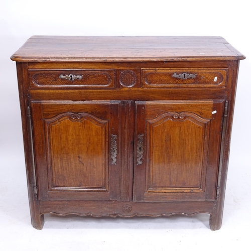2031 - An 18th century oak sideboard, with 2 frieze drawers and cupboards under, with key, W125cm, H110cm, ... 
