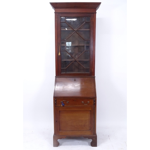 2056 - An Edwardian mahogany bureau bookcase of narrow size, W72cm, H205cm, D43cm