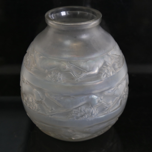 121 - R LALIQUE - opalescent glass Sudan pattern vase, etched signature on base, height 18cm