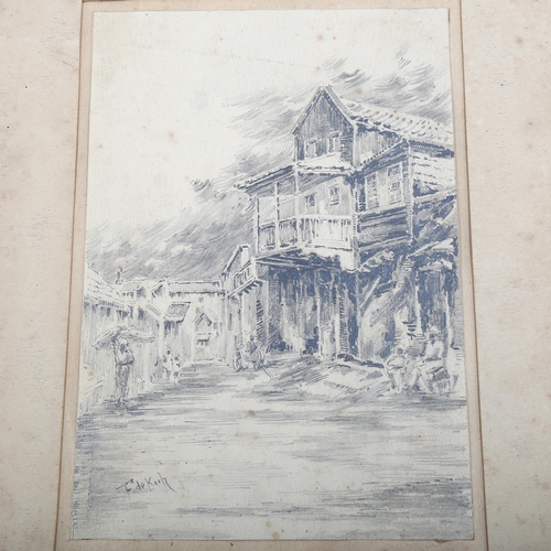 1680 - Barbados/Caribbean interest, 3 pencil drawings, detailed street scenes, late 19th/early 20th century... 