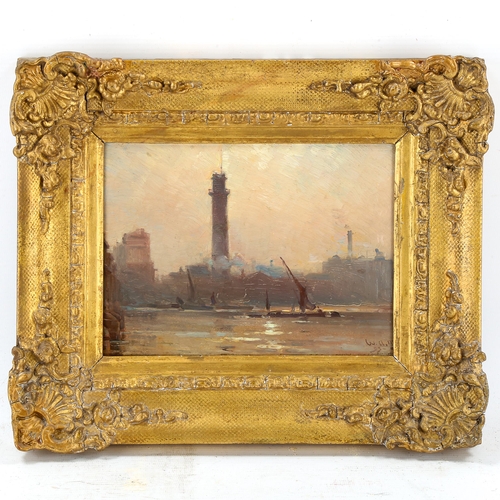 1723 - Pair of oils on board, Thames scenes, signed with initials WAM, dated '93, 15cm x 21cm, framed