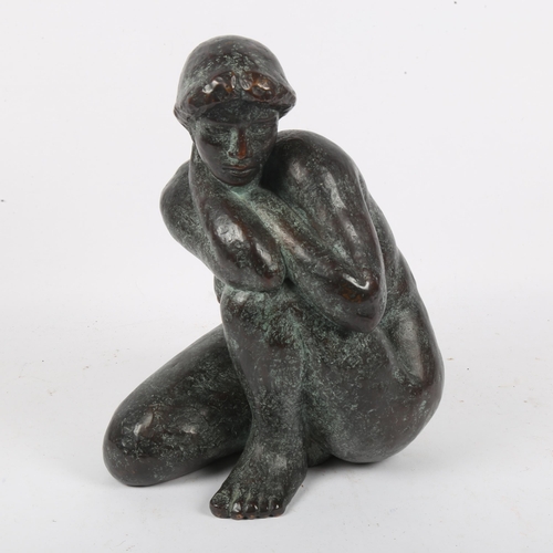 134 - Barberi, modernist patinated bronze sculpture, nude crouching lady, signed and numbered 4/8, height ... 