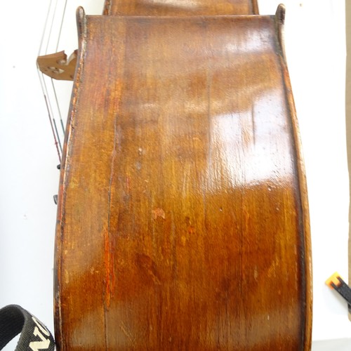 923 - A Vintage cello, back length 75cm, with carrying case, bows and music stand