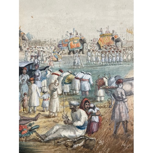 2054 - Indian School, watercolour, a busy procession with elephants, text inscription on bottom edge, 24cm ... 