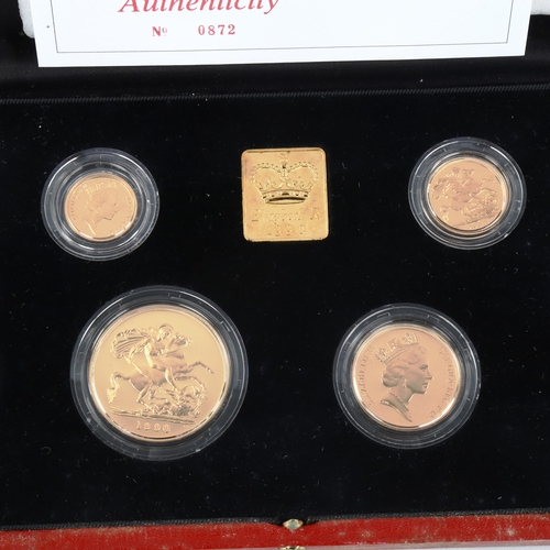 101 - Royal Mint 1990 United Kingdom gold proof sovereign four coin collection, comprising five pound, dou... 