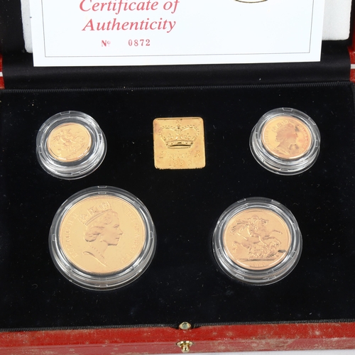 101 - Royal Mint 1990 United Kingdom gold proof sovereign four coin collection, comprising five pound, dou... 