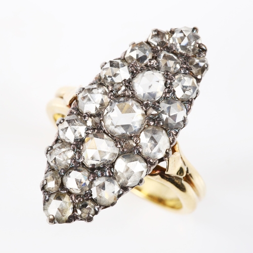 105 - A large Antique diamond marquise panel ring, set with Dutch rose-cut diamonds, in unmarked gold sett... 