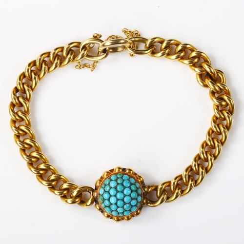107 - A Victorian 9ct gold turquoise bombe panel bracelet, on hollow curb link chain, setting height 16.5m... 