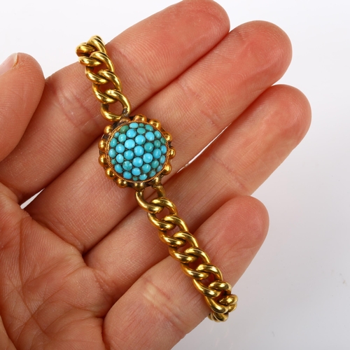 107 - A Victorian 9ct gold turquoise bombe panel bracelet, on hollow curb link chain, setting height 16.5m... 