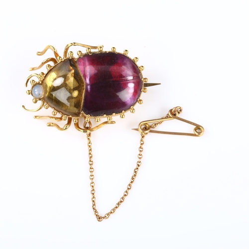 108 - A Georgian novelty figural gem set beetle brooch, unmarked gold closed-back settings with cabochon a... 