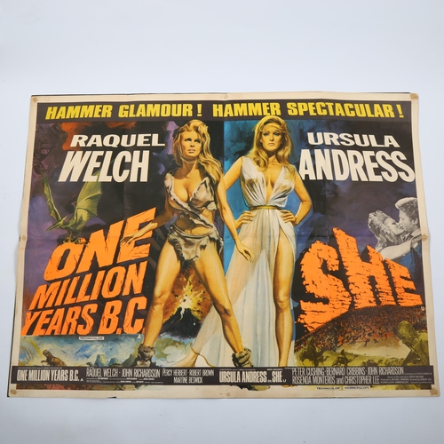 1000 - One Million Years B.C./She (1966) British Quad Double Bill film poster, artwork by Tom Chantrell, Ha... 