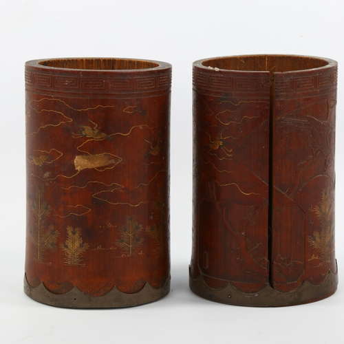 1027 - A pair of 19th century Japanese bamboo vases, relief carved and gilded panels, with English silver m... 