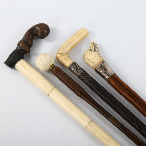 1031 - A group of 4 various walking sticks, including carved ivory eagle's head handle with silver mount (4... 