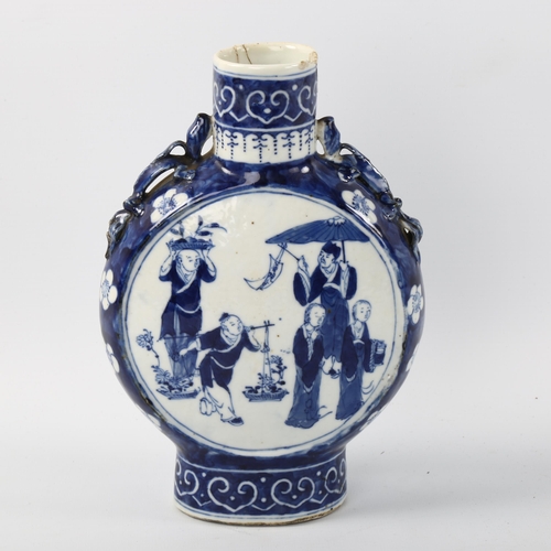 1045 - A Chinese blue and white porcelain moon-shaped vase, with painted panels, height 22cm, rim broken an... 
