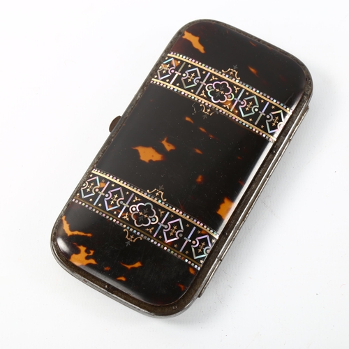 1047 - A Victorian steel-framed pocket case, with mother-of-pearl and gold inlaid tortoiseshell sides, leng... 
