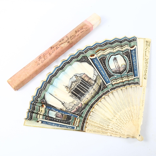1048 - An Italian Grand Tour ivory and paper fan, circa 1780, hand painted panel depicting a Roman temple, ... 