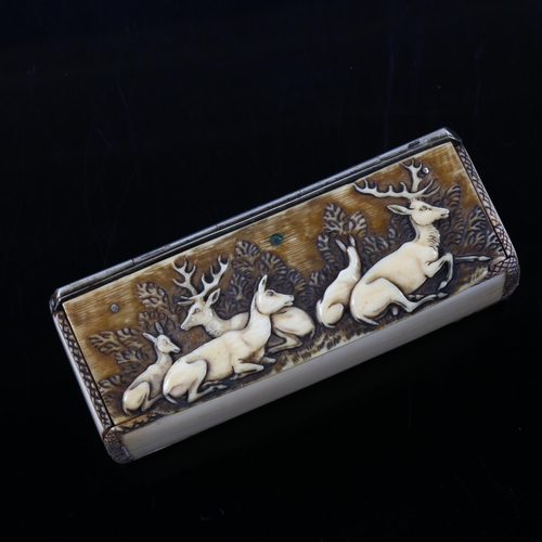 1051 - A 19th century Bavarian staghorn and ivory box, with relief carved stag design lid, length 10cm