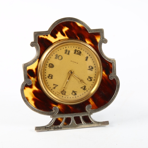 1052 - WALKER & HALL - a silver and tortoiseshell 8-day travelling strut clock, hallmarks Birmingham 1924, ... 