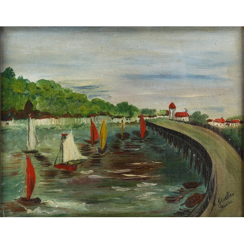 2007 - G Gertler, oil on board, boating scene, signed and dated 1955, 19cm x 24cm, framed