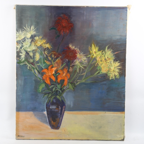 2022 - Mid-20th century oil on canvas, still life, indistinctly signed, A Mine?, 73cm x 60cm, unframed