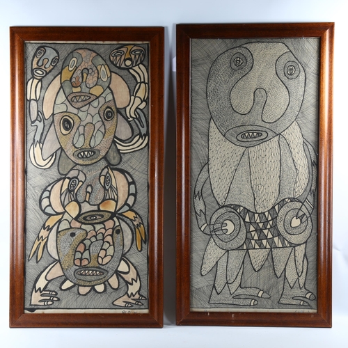 2026 - Pade Atinuke, pair of pen ink and watercolour drawings on canvas, abstract figures, signed, 85cm x 4... 