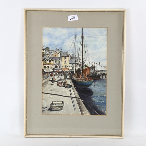 2042 - R M Baldwin, ink and watercolour, Brixham Harbour, 1964, 34cm x 25cm, framed
