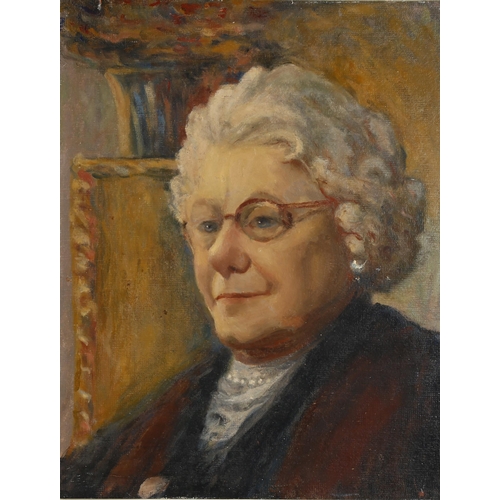 2043 - Ronald Ossory Dunlop (1894 - 1973), oil on board, portrait of Mrs Ernest Gatrell, unsigned, inscribe... 