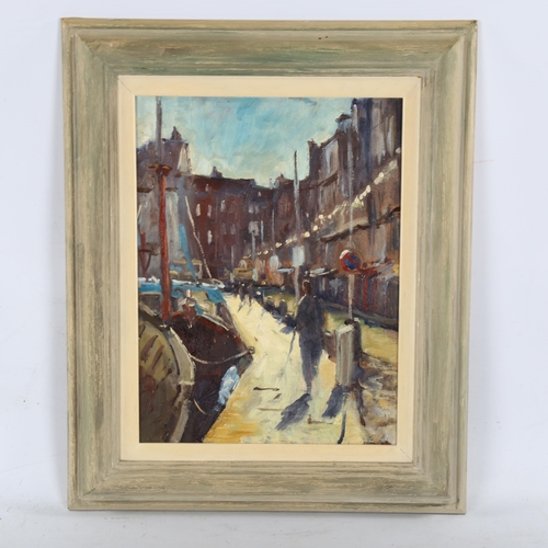 2044 - Roger Dellar (Wapping Group), oil on board, quayside scene, 29cm x 22cm, framed