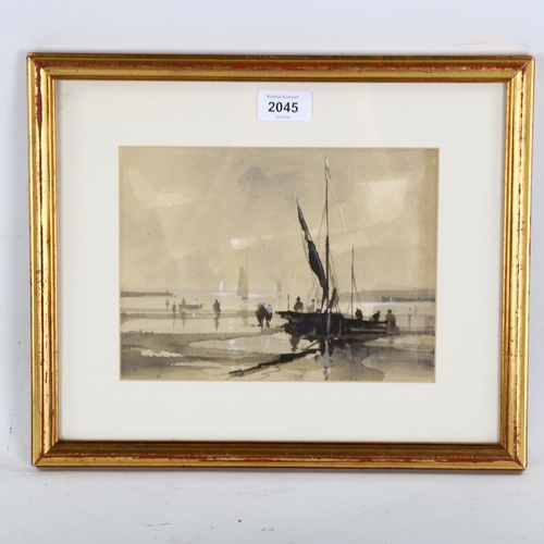 2045 - Alan Wickham, watercolour, Newhaven beach scene, 16cm x 23cm, framed