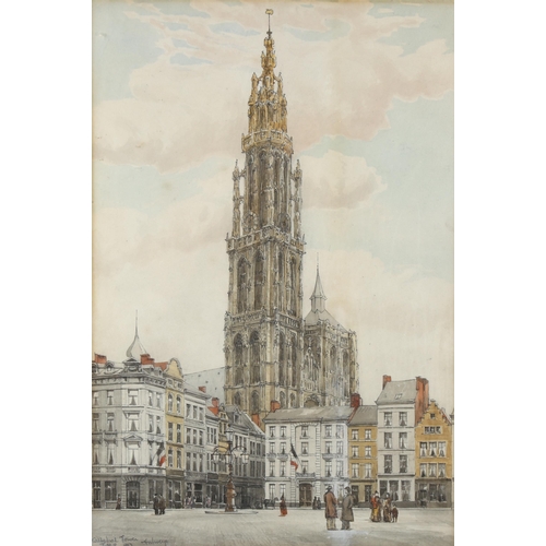2051 - Pencil and watercolour, cathedral tower Antwerp, signed with monogram JMR, dated 1893, 45cm x 30cm, ... 