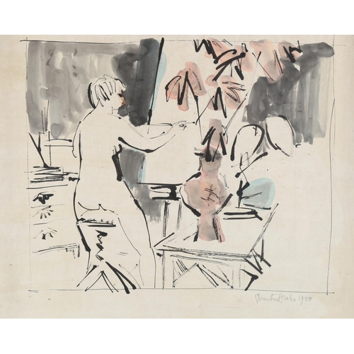 2053 - Quentin Blake, lithograph, artist's studio, signed in pencil, dated 1958, sheet size 33cm x 38cm, fr... 