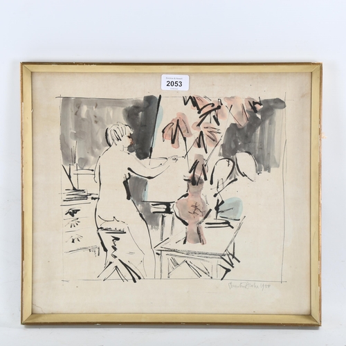 2053 - Quentin Blake, lithograph, artist's studio, signed in pencil, dated 1958, sheet size 33cm x 38cm, fr... 