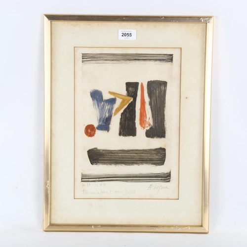 2055 - Jean-Francois Liegme (1922 - 1977), coloured etching, abstract, signed in pencil, plate 28cm x 19cm,... 
