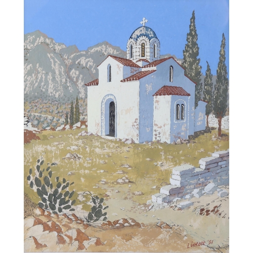 2056 - Geoffrey Lintott, watercolour/gouache, Greek church in the mountains, signed and dated 1951, 29cm x ... 