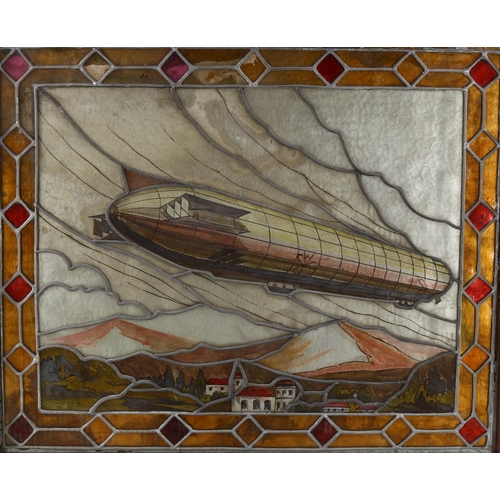 2039A - A reverse painting behind glass depicting a German zeppelin, probably mid-20th century, with leadlig... 