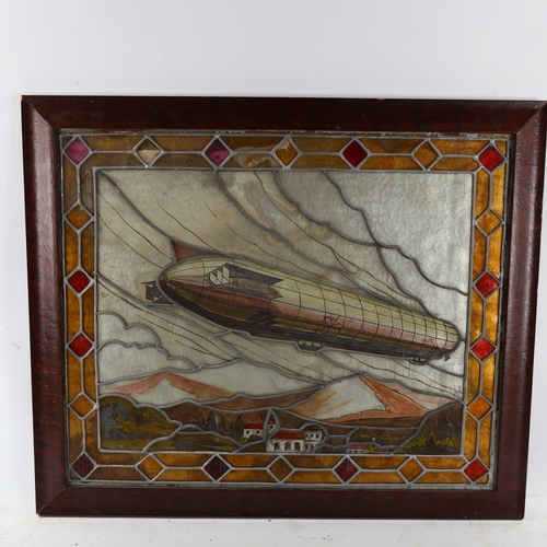 2039A - A reverse painting behind glass depicting a German zeppelin, probably mid-20th century, with leadlig... 