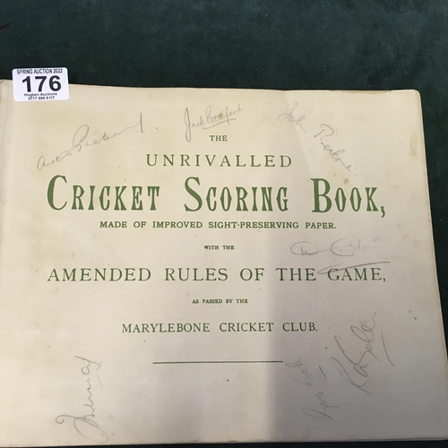 176 - Unravelled cricket scoring book with cricketers autographs including Kent Batsman 1954, the book has... 