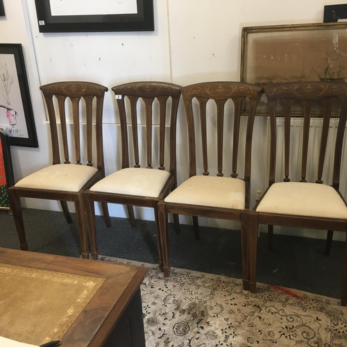 9 - Set of 4 x Art Nouveau mahogany inlaid dining chairs with drop in seats on tapering supports, classi... 