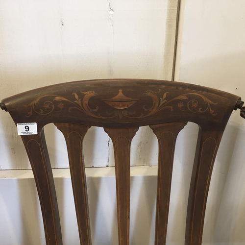 9 - Set of 4 x Art Nouveau mahogany inlaid dining chairs with drop in seats on tapering supports, classi... 