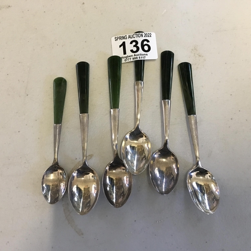 136 - 6 x similar vintage silver topped spoons with green Jadeite style handles