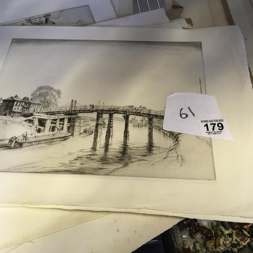 179 - 61 un-framed etchings, prints, by Patrick Hall, many signed various subjects inclduing Harbour Scene... 