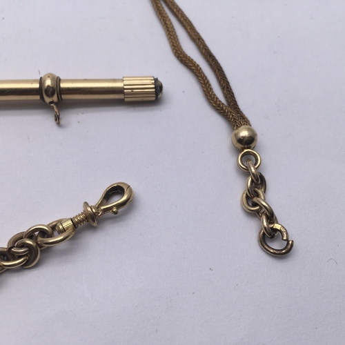 169 - 18 ct french gold Delicate 19c French watch chain with T-Bar, double strand chain set with 2 x small... 