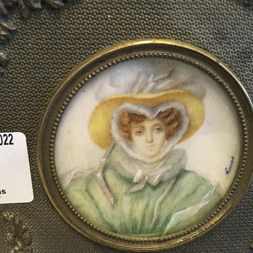 73 - Small circular portrait miniature, signed Cocas? head and shoulders of a 17th century lady