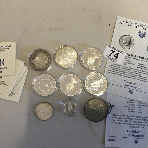 74 - Collection of silver coins to include 6 x 1oz silver coins, 1 x silver pound, 1 silver half Dollar i... 